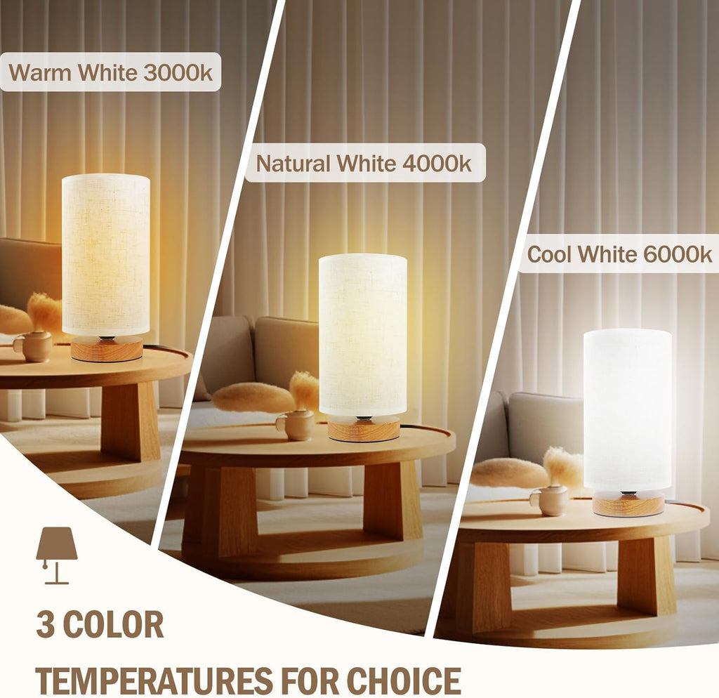 3-Color Adjustable Bedside Table Lamp for Bedroom,Wood Base & Fabric Shade