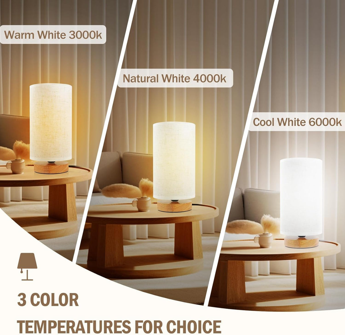 3-Color Adjustable Bedside Table Lamp for Bedroom,Wood Base & Fabric Shade
