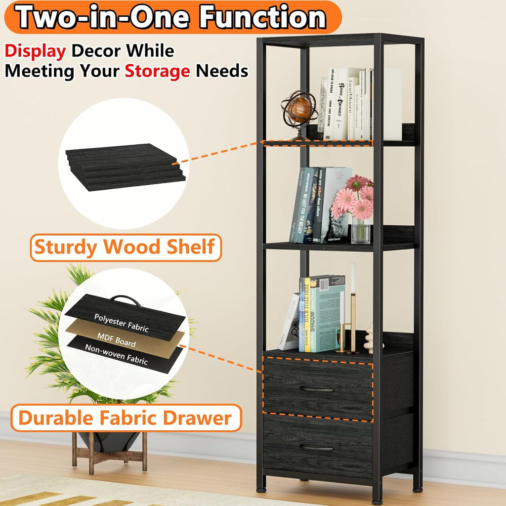 Furnulem 4 Tier Corner Shelf,Black Narrow Bookshelf with 2 Storage Drawers