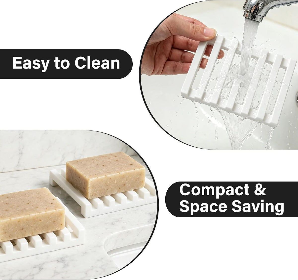 Slotted Silicone Soap Dish 2 Pcs, Self Draining Soap Holder with Raised Bar Design, Non Slip Soap Saver Tray, Quick Dry Soap Dish for Bathroom Kitchen Sink Shower, White