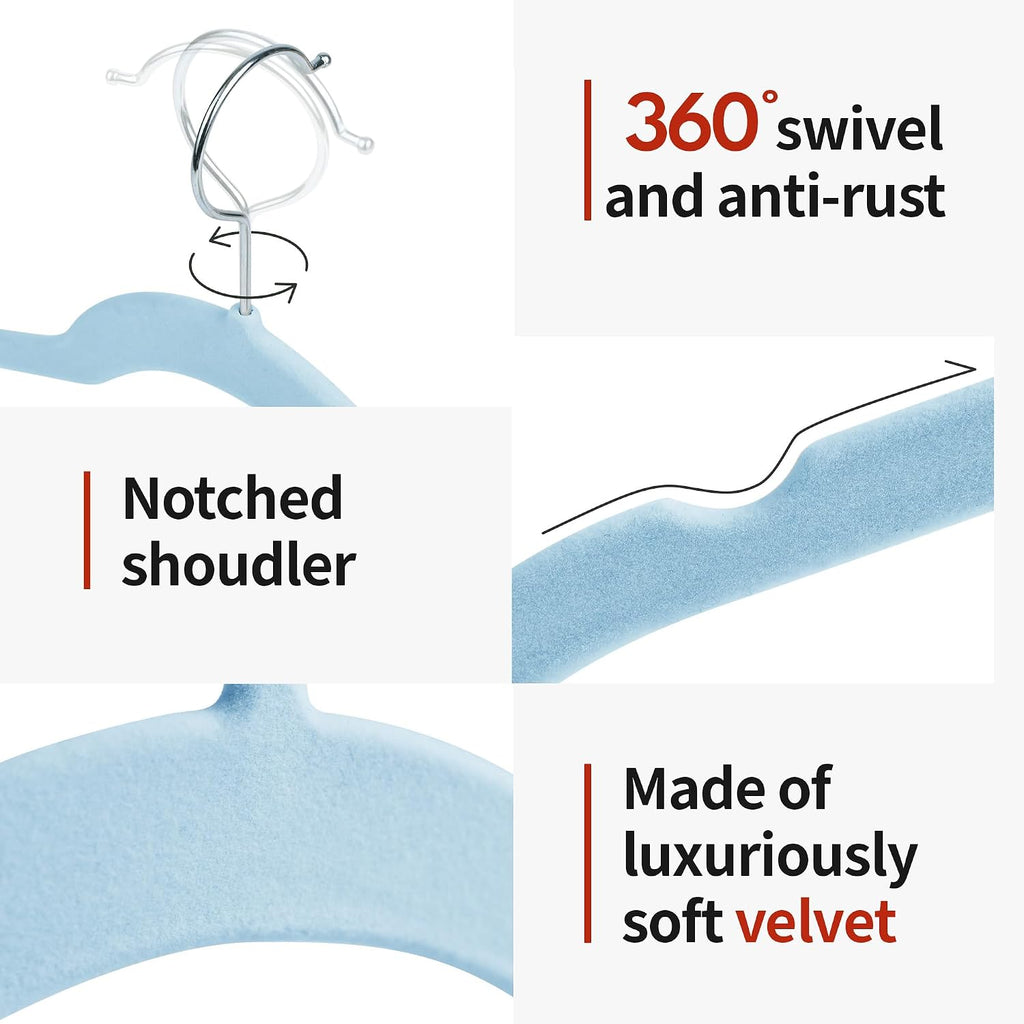 Sishynio Velvet Hangers 30 Pack, Non-Slip Slim Felt Clothes Hangers Blue