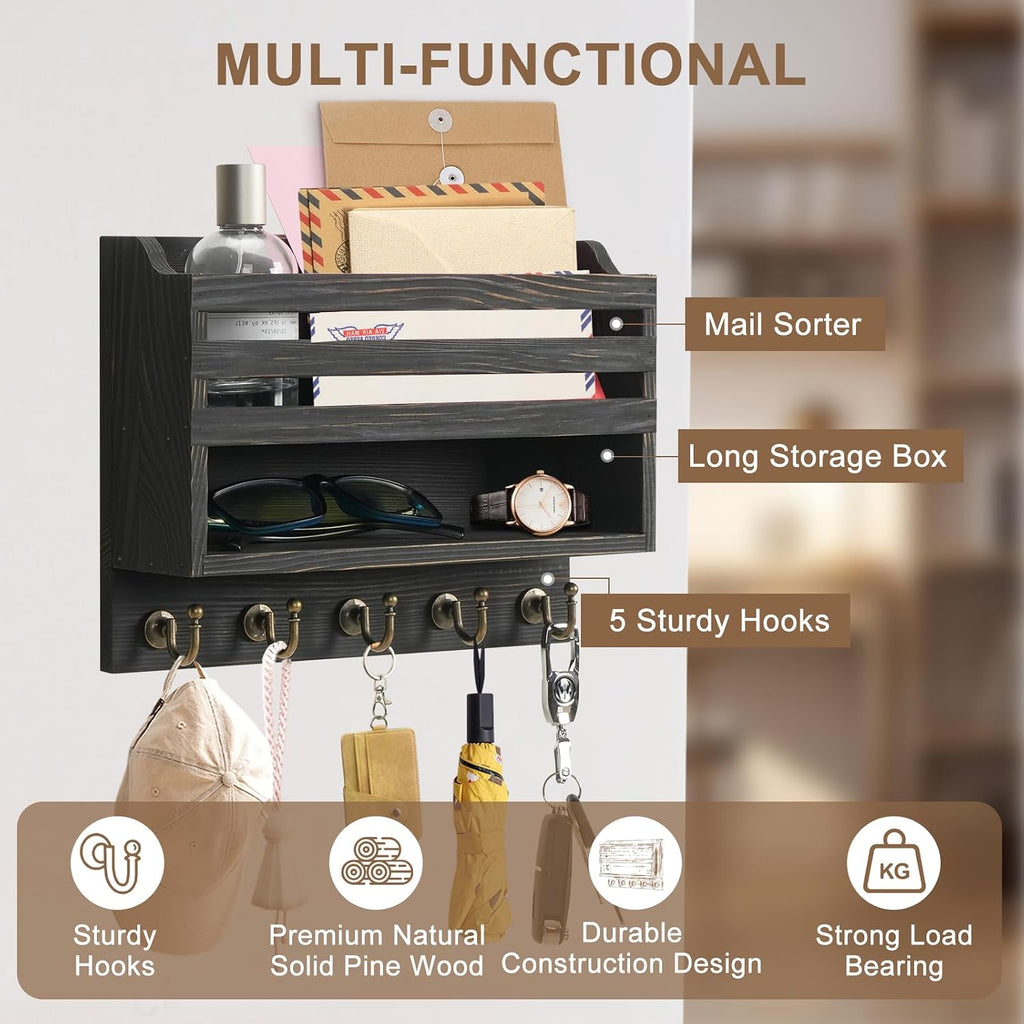 Key Holder Wall Mount with Mail Organizer, 5 Key Hooks, Black