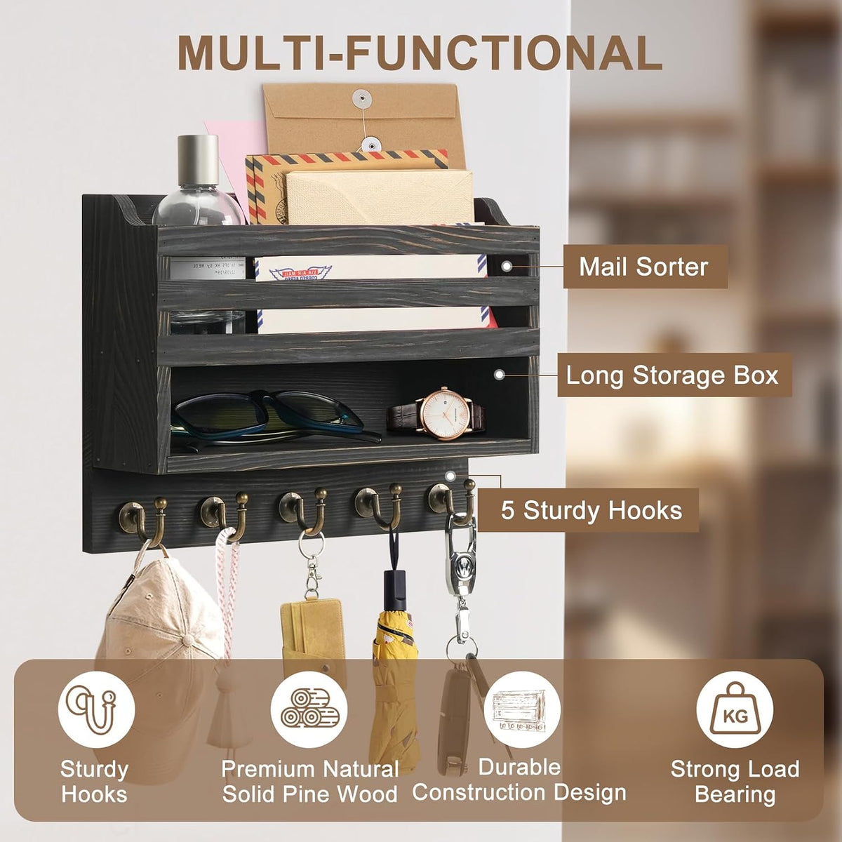 Key Holder Wall Mount with Mail Organizer, 5 Key Hooks, Black