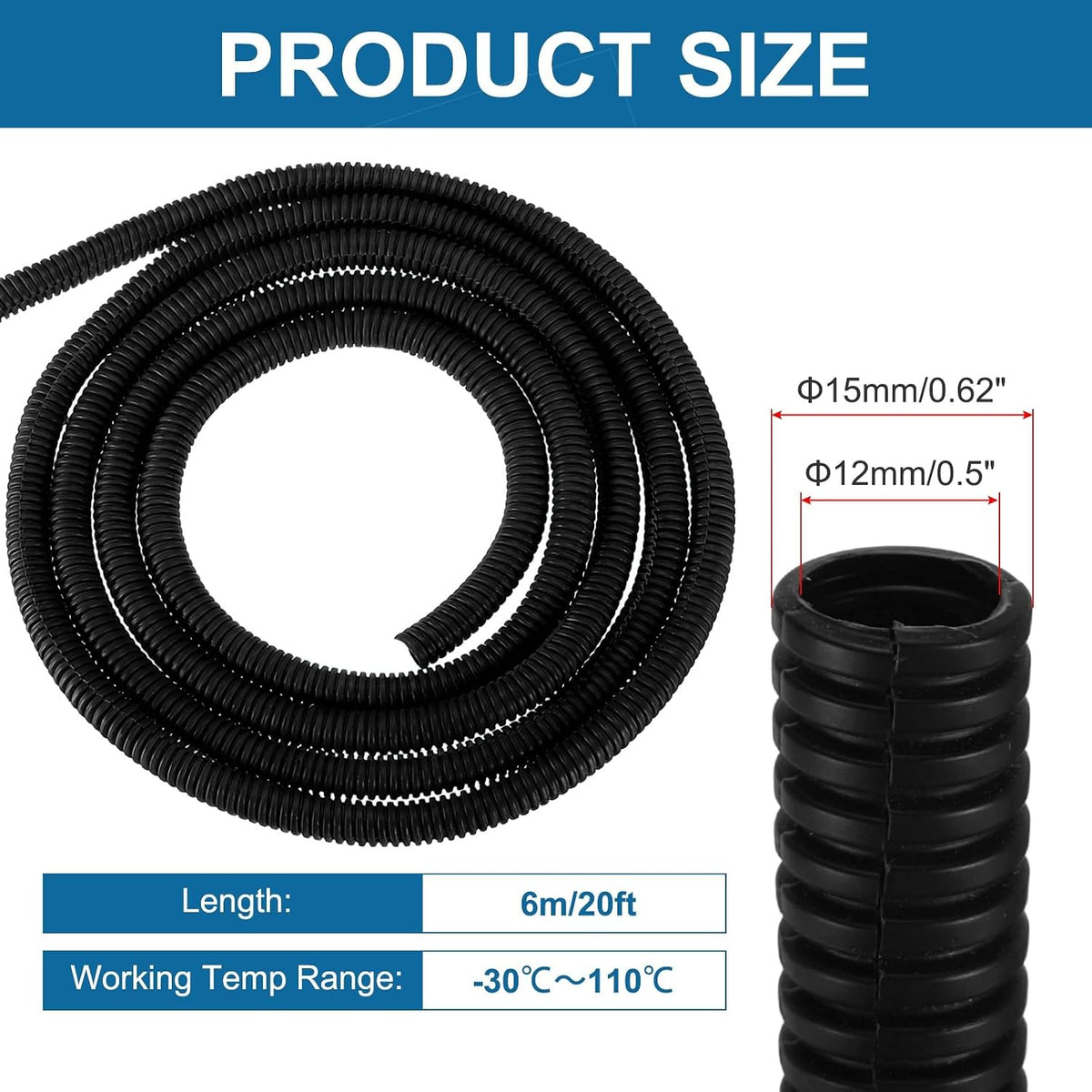MECCANIXITY 1/2" 20ft Split Wire Loom Tubing w/Installation Tool Black