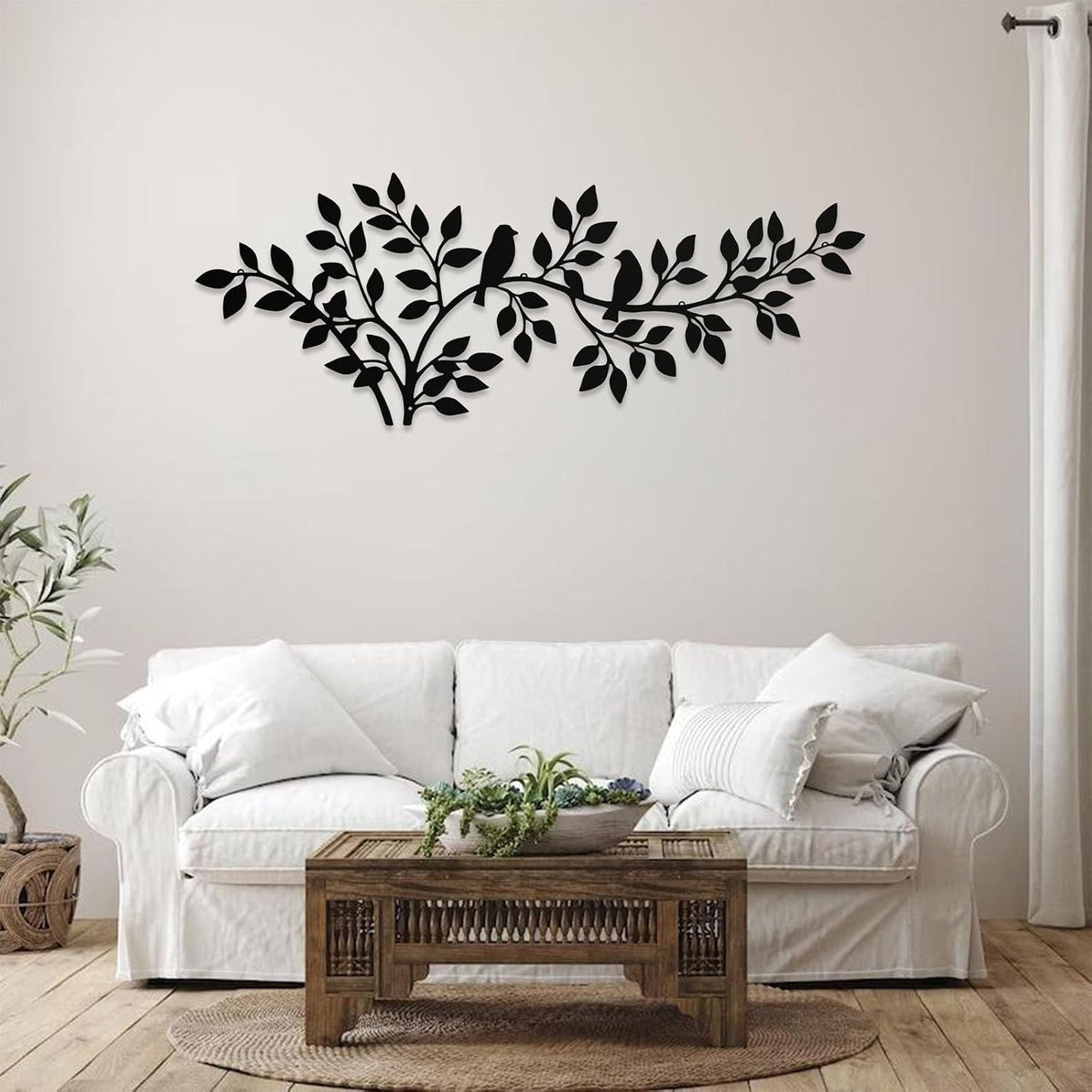 QZGXDECO 34Inch Metal Tree Leaf Birds on Branch Wall Decor Art,Black Vine Olive Branch Leaves with Bird Hanging Wall Sculpture for Home Balcony Living Room Bedroom Hallway Wall Decoration
