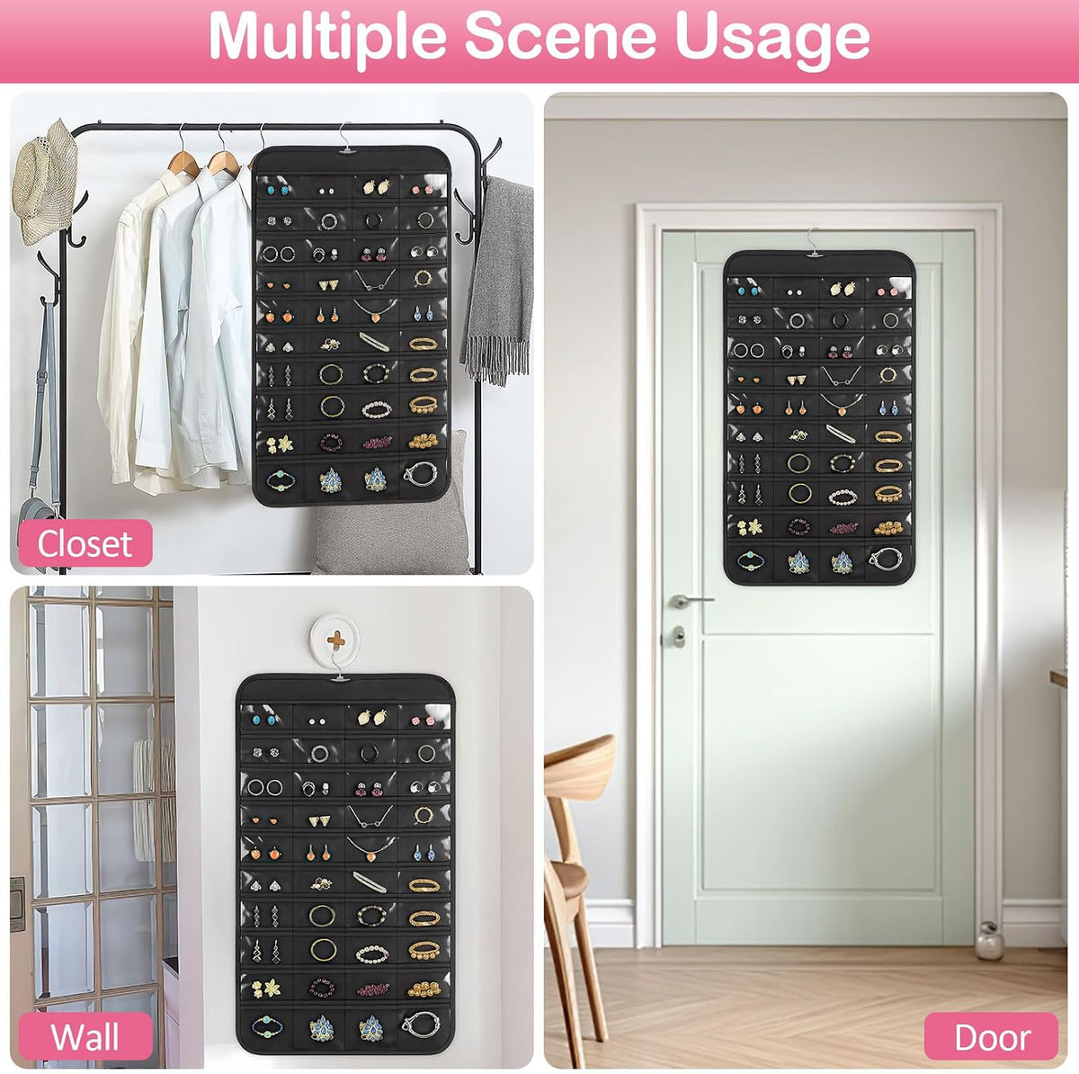 1 Pack Hanging Jewelry Organizer, 80 Clear Pockets Earring Storage