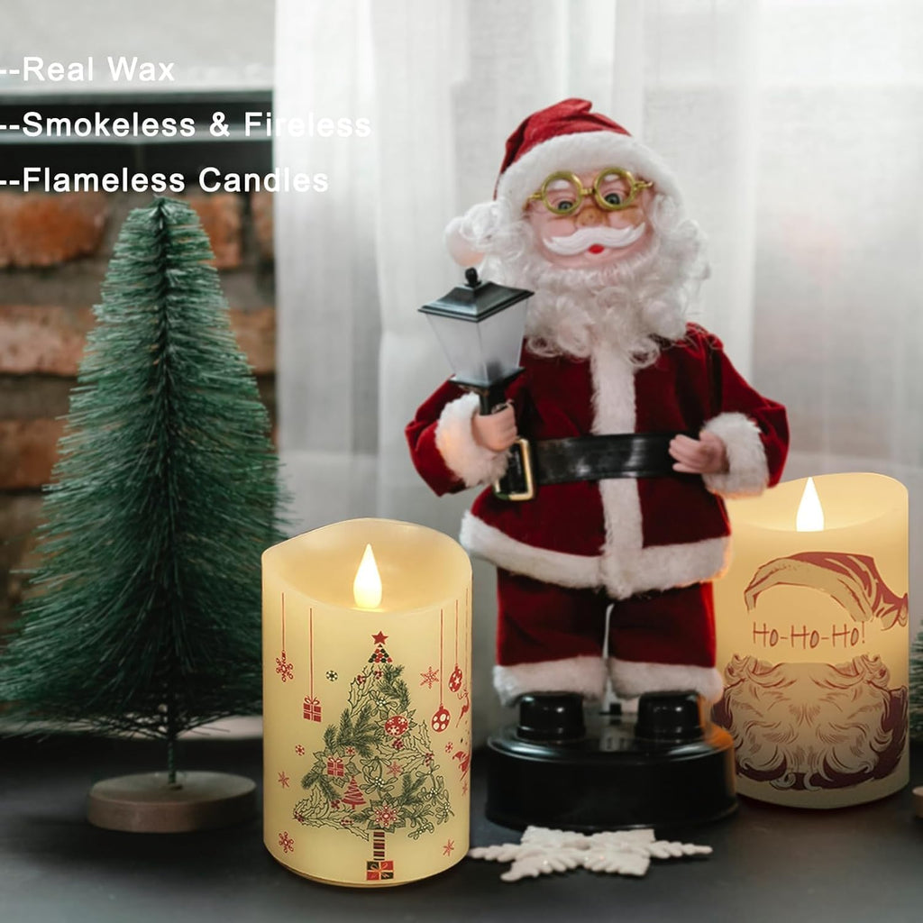 Christmas Flameless Candles with Remote Control, 3"x 5"Battery Operated Flickering 3D Wick Real Wax Pillar Santa Claus Candle