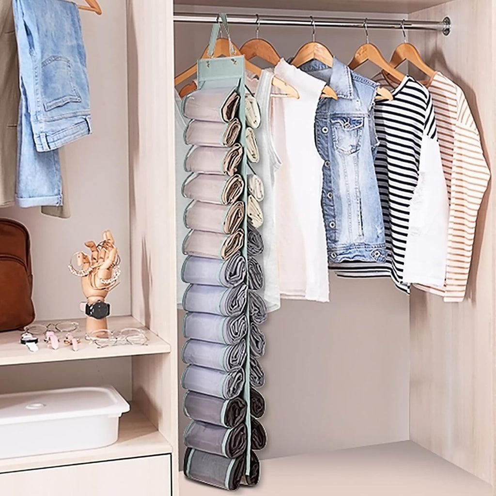DHSFKBE Legging Organizer Storage - 2PCS T Shirt Organizer, Hanging Closet Organizers and Storage with 26 Roll Independent Compartments for Yoga Pants, Towel, Bathing Suit (Grey)