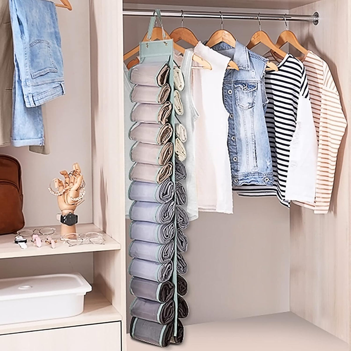 DHSFKBE Legging Organizer Storage - 2PCS T Shirt Organizer, Hanging Closet Organizers and Storage with 26 Roll Independent Compartments for Yoga Pants, Towel, Bathing Suit (Grey)