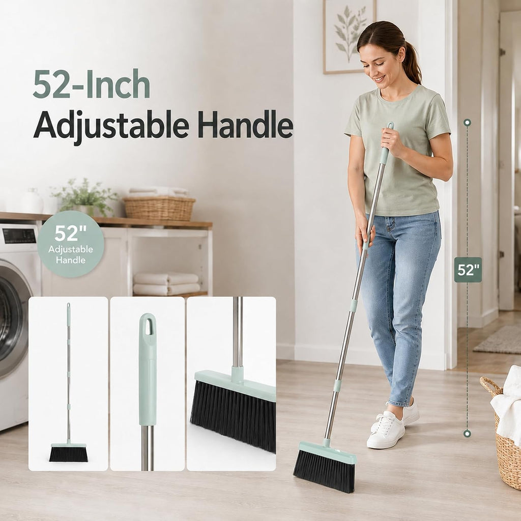Broom and Dustpan Set, 52-Inch Adjustable Long Handle with Self-Cleaning Comb Teeth, Flexible TPR Lip and Foot-Assisted Fold-Up Dustpan for Pet Hair, Dust, Crumbs and Hard Floors, Green