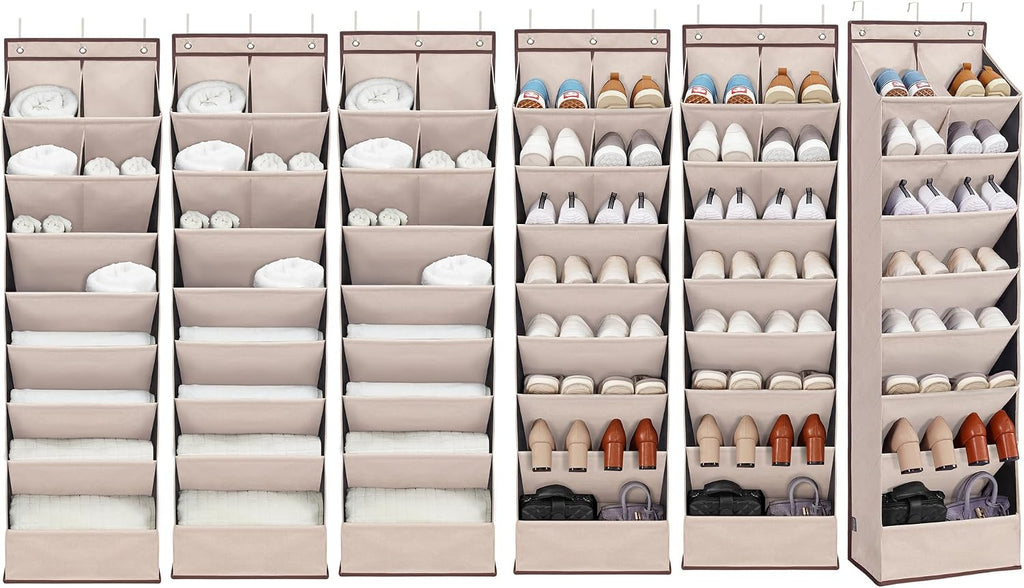 6 Pack Shoe Organizer with 6 Extra Large Pockets and 4 Large Pocket, Over the Door Sturdy Closet Storage Rack, Hanging Shoe Organizer for Shoes, Sneakers, Beige