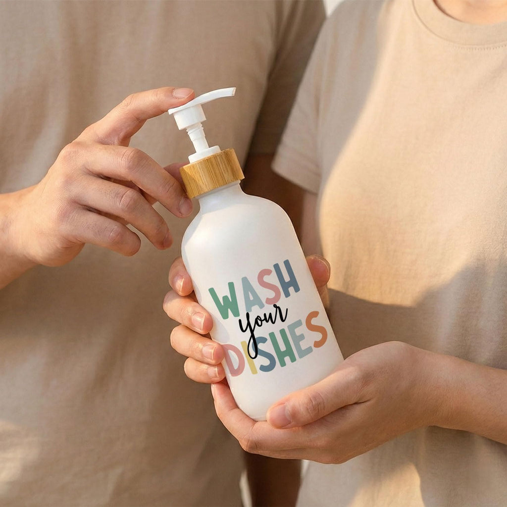 Boho Kids Hand and Dish Soap Dispenser Set, Wash Your Hands & Dishes Glass Soap Dispenser, Hygiene Instruct Colorful Refillable Handsoap Pump Bottle for Bathroom Countertop Kitchen