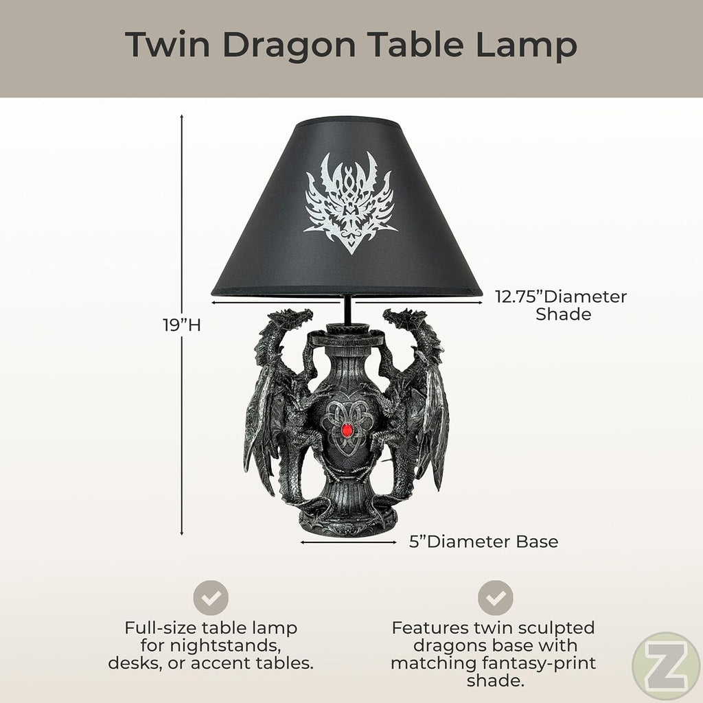 Dragon Table Lamp, 19 Inch Gothic Guardians with Black Fabric Shade