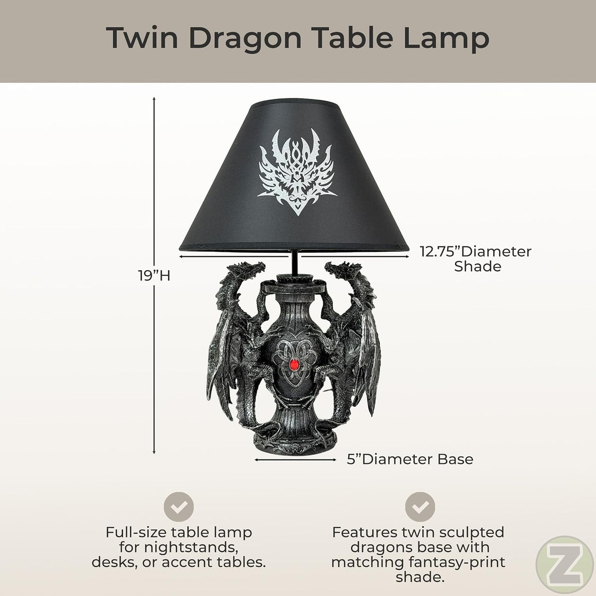 Dragon Table Lamp, 19 Inch Gothic Guardians with Black Fabric Shade