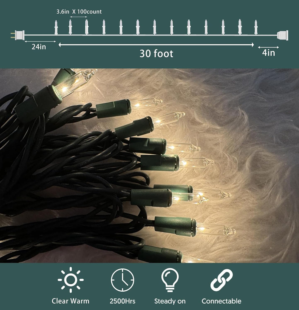 HISHINY Christmas Lights 100 Count 32feet Clear Christmas Tree Lights String with Green Wire for Outdoor Indoor Christmas Decorations Wedding Decorations Valentines Day Decor,UL Certified