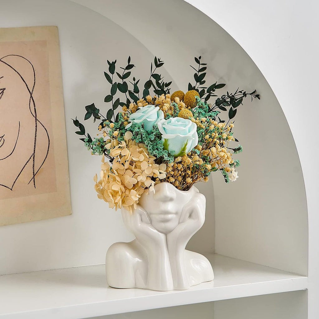 FJS Ceramic Face Vase, White Flower Vase for Table Decor