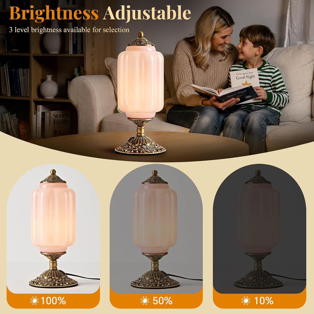 Pink Milk Glass Table Lamp, Touch Control with USB Charging Port Desk Lamp