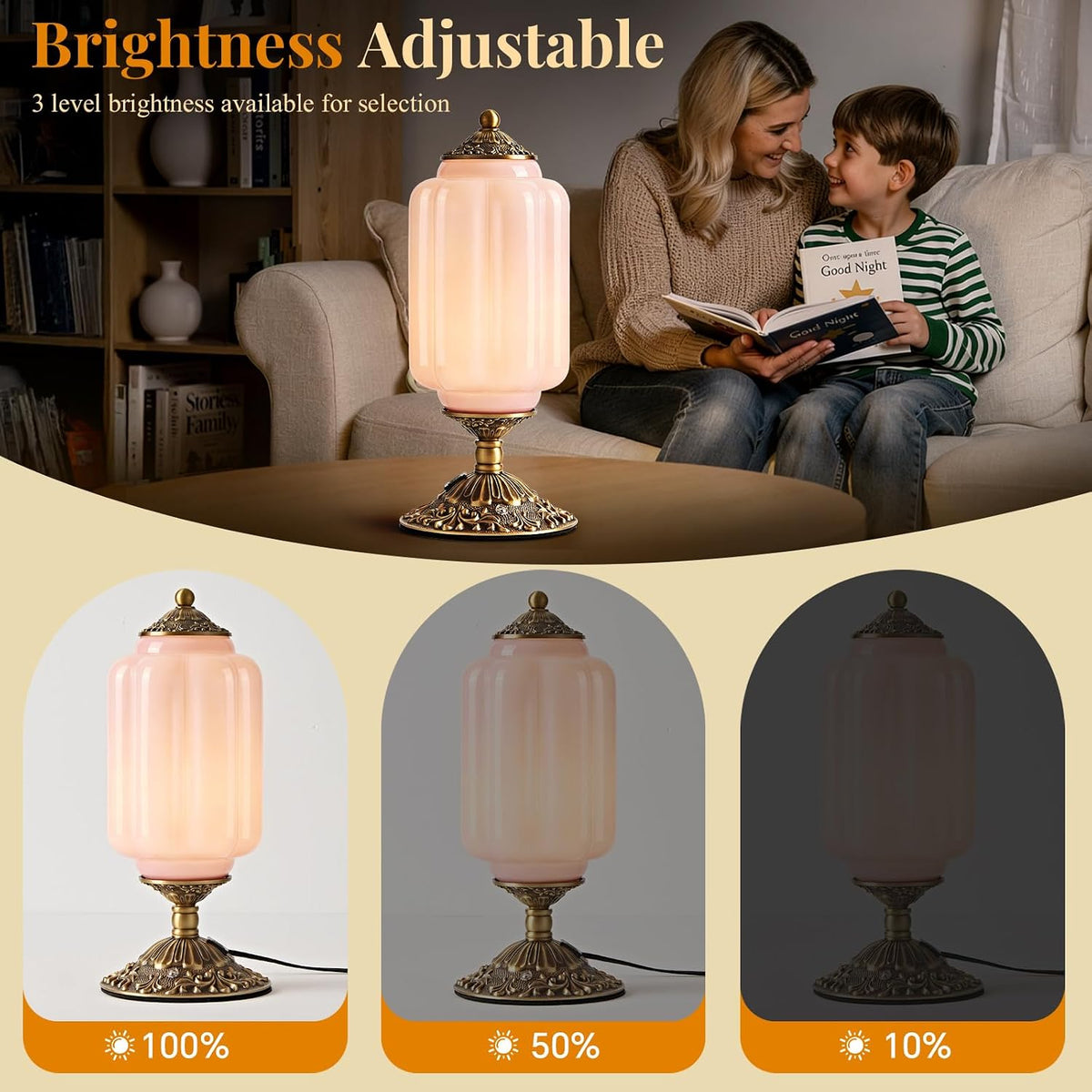 Pink Milk Glass Table Lamp, Touch Control with USB Charging Port Desk Lamp