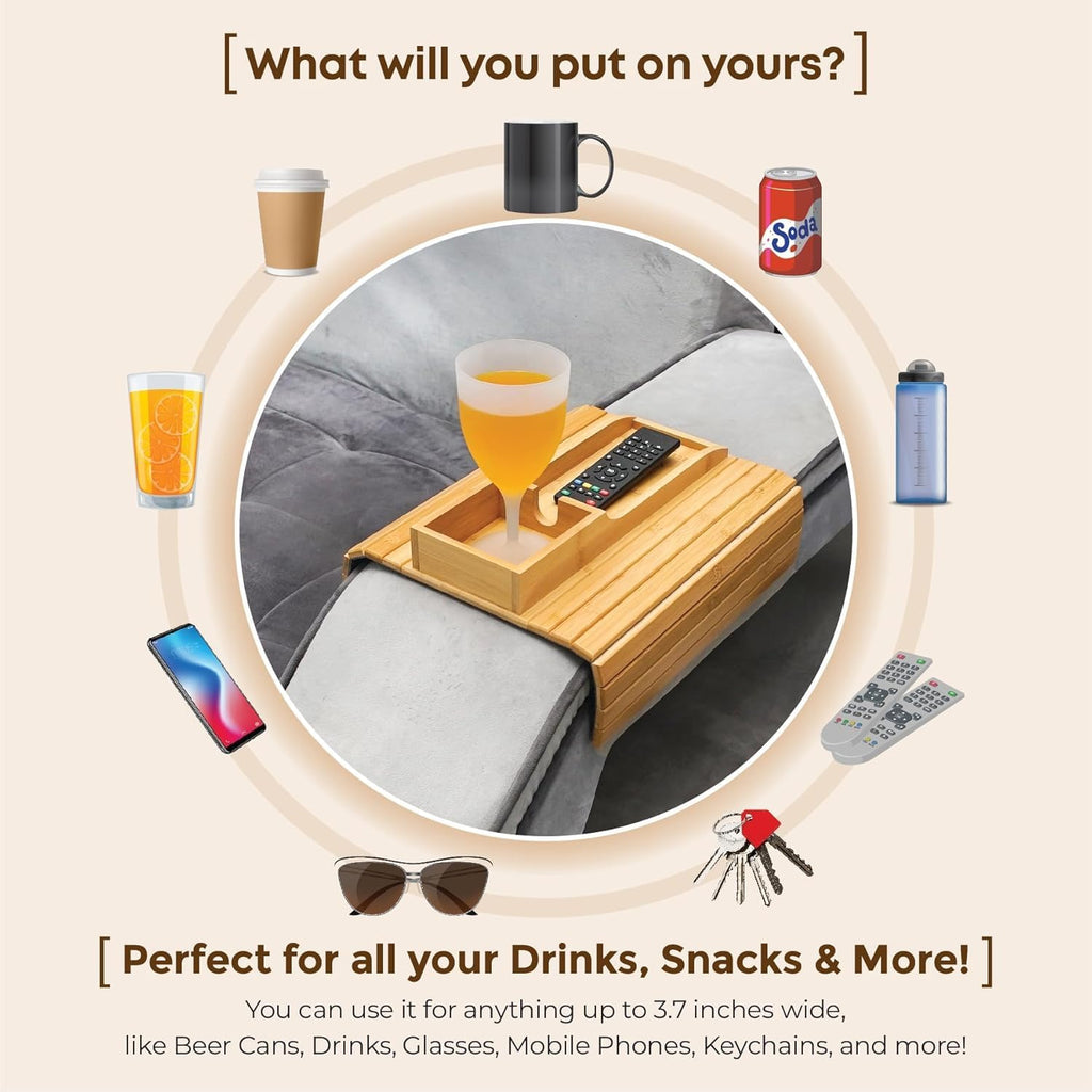 Bamboo Sofa Armrest Tray Table - Foldable Couch Cup Holder,Anti-Slip Side Table Armrest Clip Tray, Multifunctional Couch Organizer, Drink Snack Remote Control Holder