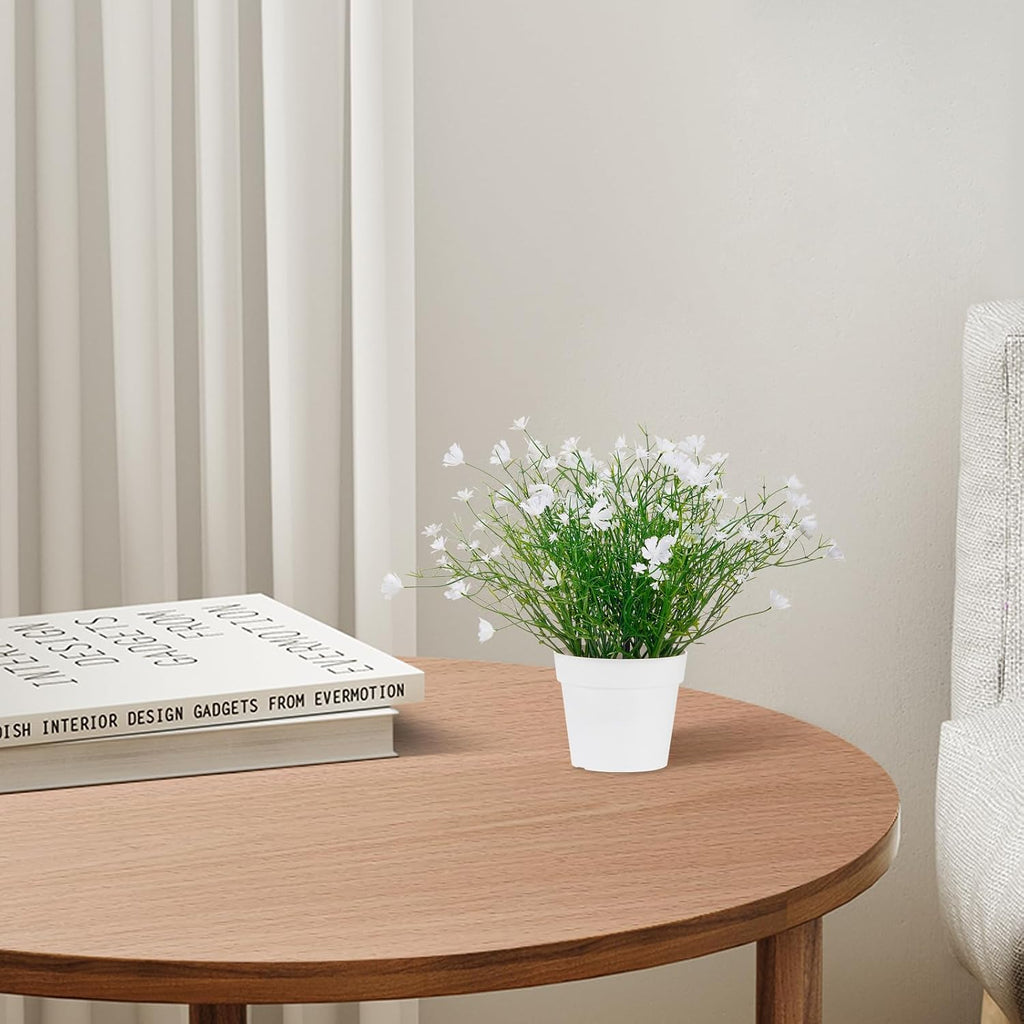 Artificial Babys Breath Potted Fake Plants with Flowers Faux Plants Indoor for Home Office Bookshelf Table Room Decor (White)