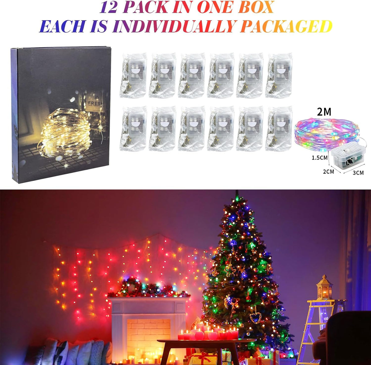 ZGWJ 12 Pack Fairy Lights Battery Operated, 7ft 20 Mini LED Fairy String Lights Silver Wire 3 Modes for DIY, Parties, Wedding, Bedroom, Halloween Christmas Decoration Mixed-Color