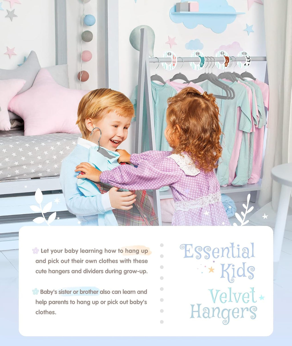 VIS'V Velvet Baby Hangers with 6 Pcs Size Dividers, 11 Inch, Gray, 30 Pcs