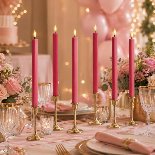 10" Fluted Ribbed LED Pink Grooved Real Wax Taper Candles, Remote & 24h Timer Memory, On/Off Switch - Flameless Dimmable Battery Operated w/Flicker Mode, Home Wedding Decor (6 Pack)