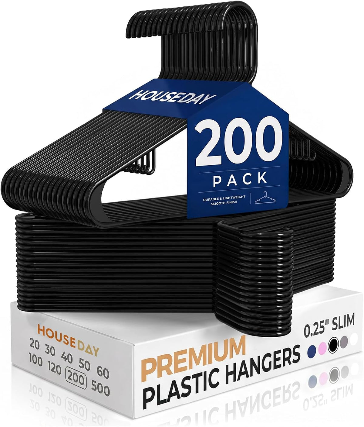 HOUSE DAY Black Plastic Hangers 200 Pack, Slim Space-Saving Clothes Hangers