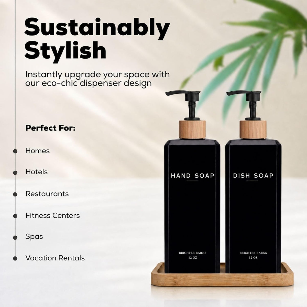 Black Glass Hand and Dish Soap Dispenser Set by Brighter Barns - 12oz Kitchen Soap Dispenser Set with Bamboo Tray and Pump - Boho Modern Home Decor for Kitchen Sink, Restaurant, Hotel, Gifts (Black)