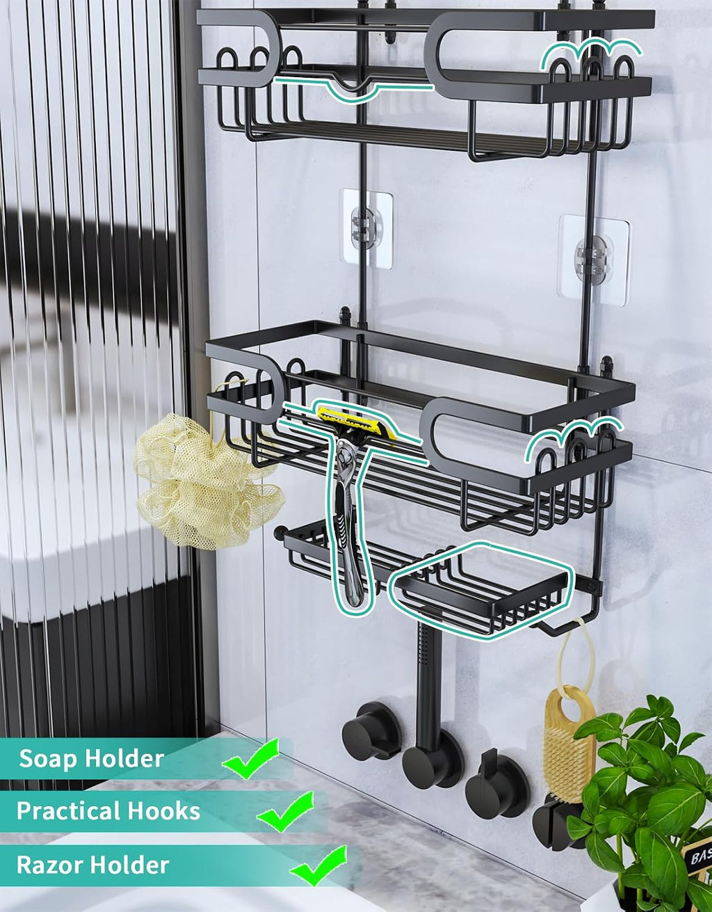 HapiRm Bathroom Hanging Shower Caddy - Rustproof & Waterproof Shower Shelf with 12 Hooks and 2 Soap Holders, No Drilling Bathroom Organizers and Storage - Black