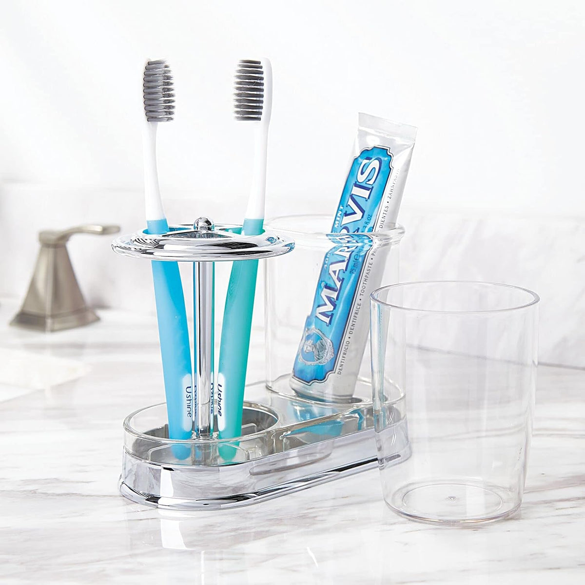 mDesign Plastic Toothpaste and Toothbrush Holder Center with Cup/Cover - Organizer for Bathroom Vanity Countertop - Holds Paste, Floss, Accessories - Hyde Collection - Clear