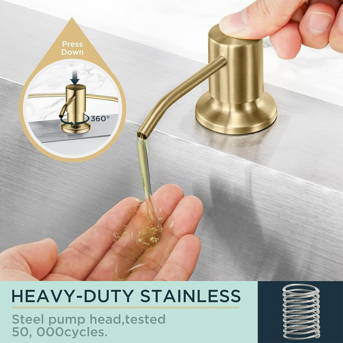 FORIOUS Brushed Gold Soap Dispenser for Kitchen Sink with 17 oz Bottle