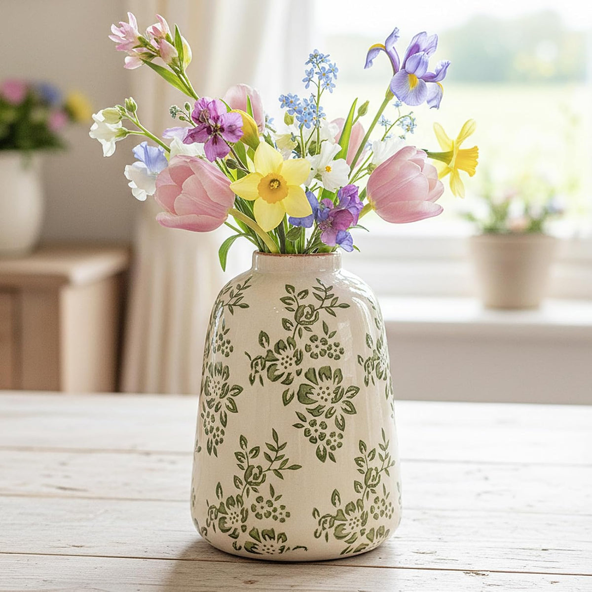 Chinoiserie Green Ceramic Vase Vintage Flower Vase, 7.9in