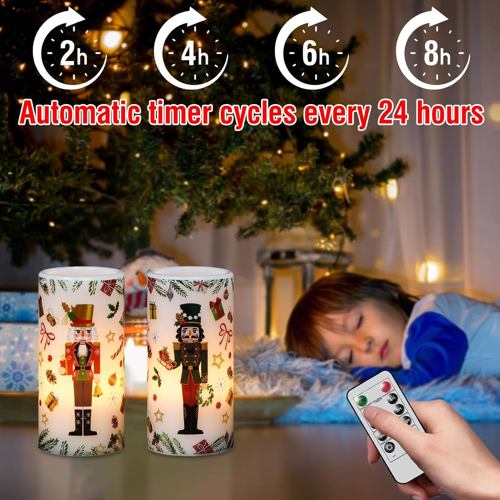 Christmas Nutcracker Flameless Pillar Candles with Remote Timer