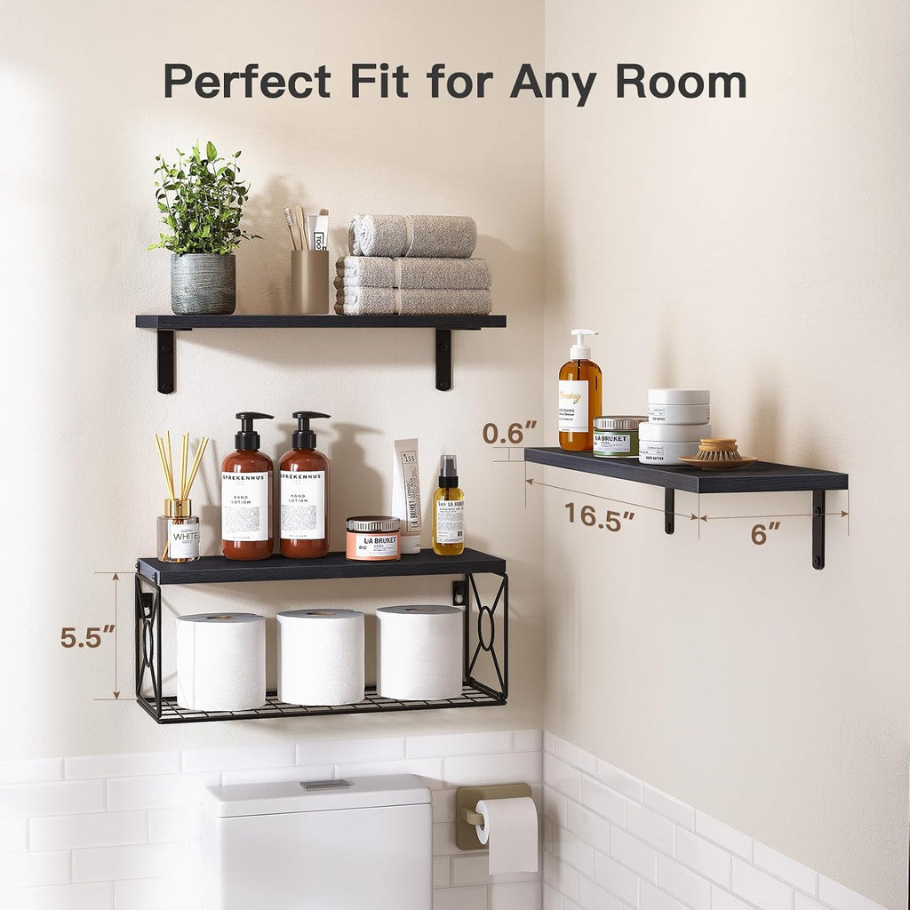 Amada Bathroom Shelves with Storage Basket, Set of 3, Black