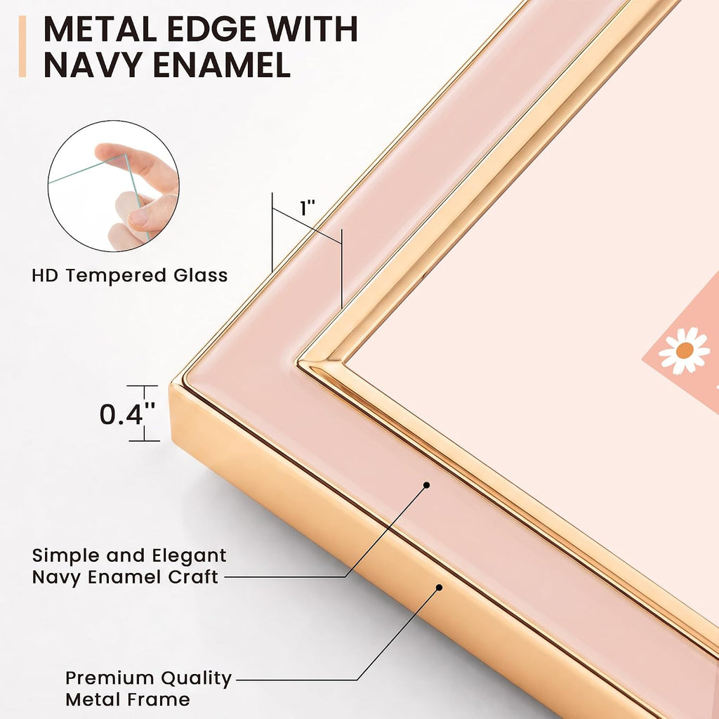 Venusmiles 4x6 Enamel Picture Frames with Tempered Glass, 1 Pack Pink Photo Frame with Gold Metal Edge, Horizontal and Vertical Display Pictures 4x6 for Wall and Tabletop, Bookshelf, Wall Decor