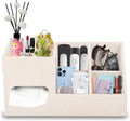 Plus Size Tissue Box Cover-Square Linen Tissue Cover with Side Storage and Tray,Modern Makeup Organizer,Leather Tissue Holder Decorative Cube Organizer for Living Room Vanity NightStand Office,Beige