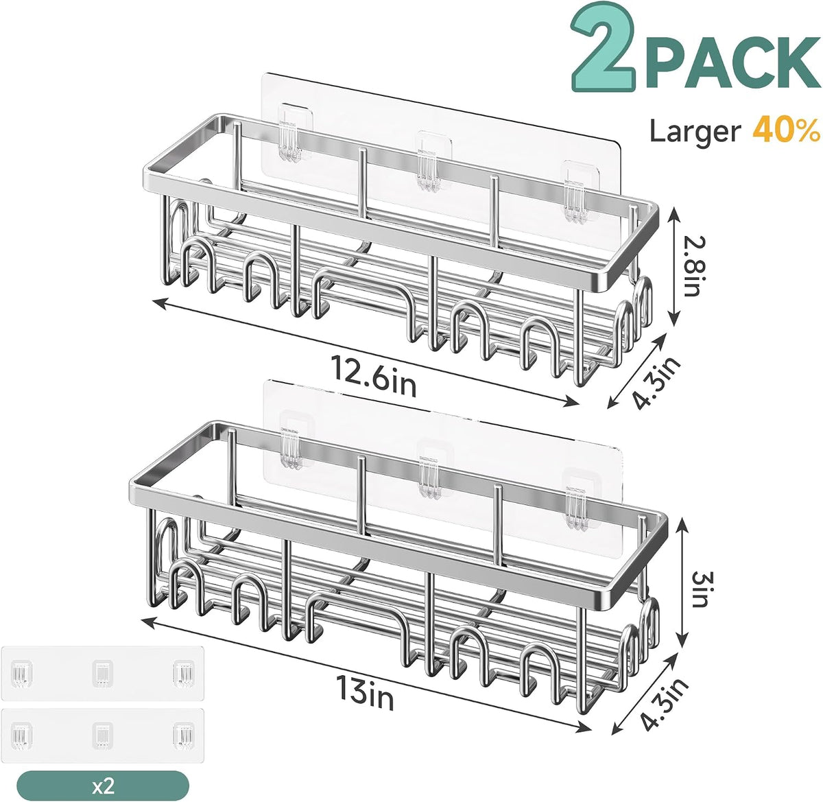 Veken Shower Caddy 2-Pack, Bathroom Organizers and Storage Shelves, Silver
