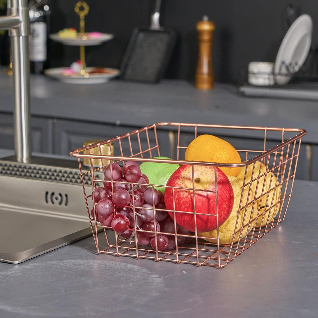JUNCHU CHERRY Wire Kitchen Storage Basket 4 Packs,Perfect Pantry Organization Accessories Baskets,Laundry Basket,Countertop Organization,Suitable for Kitchen,Bathroom,Bedroom,Tabletop,Rose gold