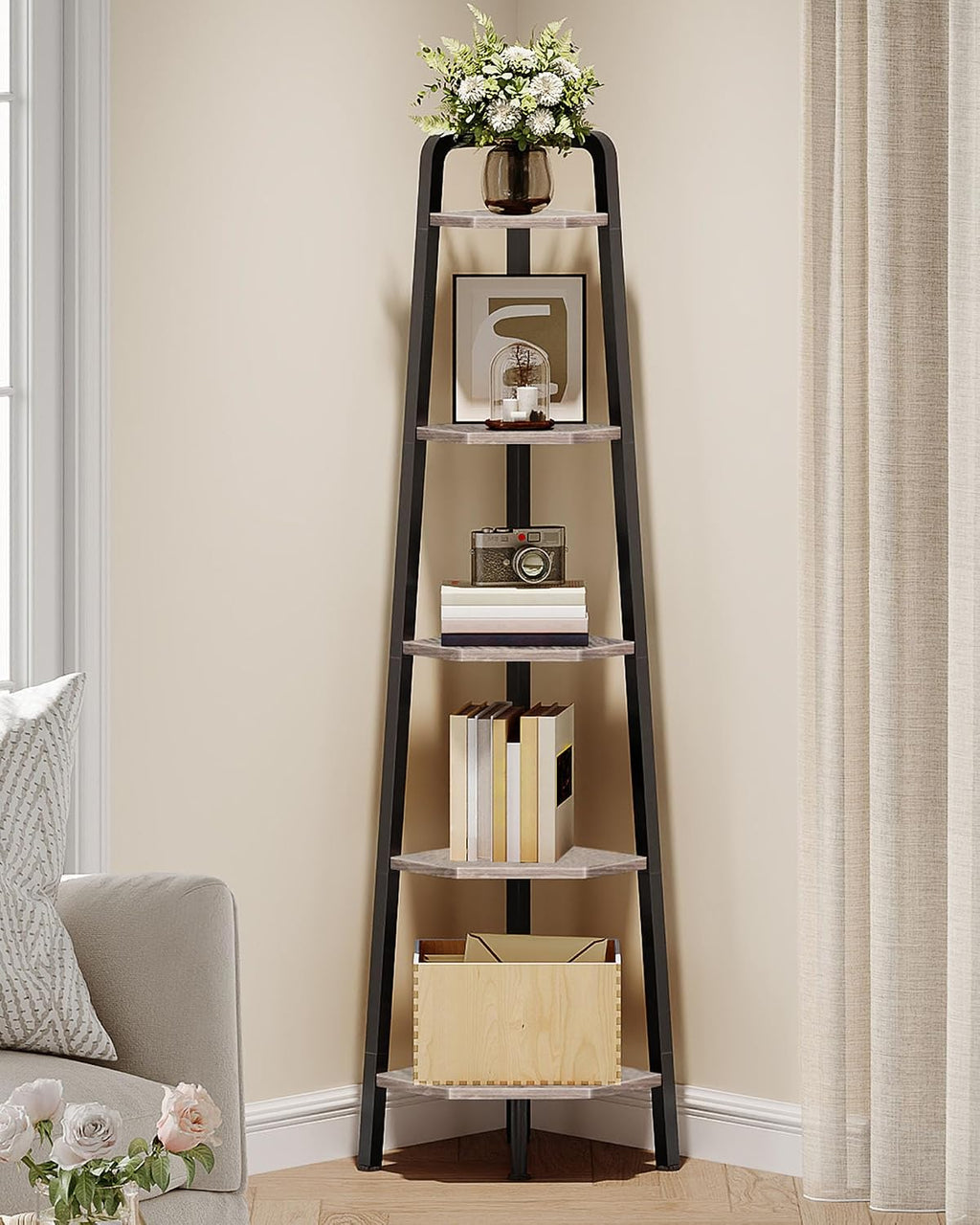 CHOEZON Corner Shelf, 5-Tier Ladder Corner Shelf, Ladder Bookshelf, 59.6" Tall Vertical Display Stand, Metal Frame Bookshelf, for Living Room, Bedroom, Kitchen, Greige and Black TCJ20BG