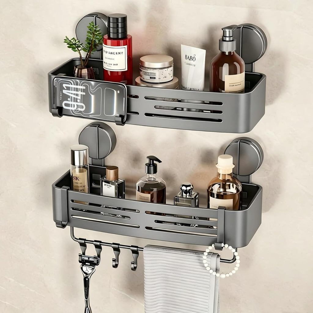 VOLPONE Shower Caddy Suction Shower Shelf No Drilling Shower Organizer Suction Cup Shower Storage Rack Aluminum Wall Mounted Shampoo Holder with Towel Bar Hooks (2-Pack, Matte Gray)