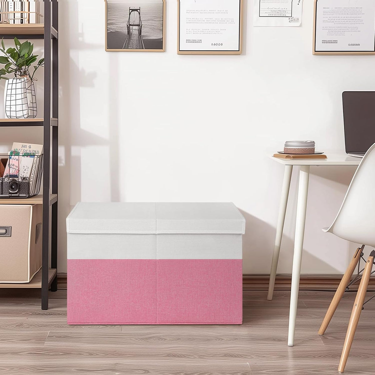INDRESSME 85L Large Collapsible Toy Storage Box, Pink & White