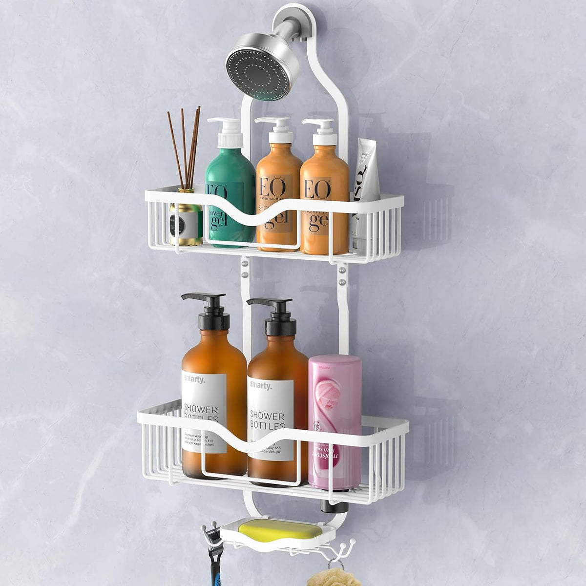 Shower Caddy Hanging, Bathroom Shower Rack, Bathroom Organizer with Soap Dish, Over The Showerhead Caddy with Hooks for Razor/Sponge, Soft White (Assembly Required)