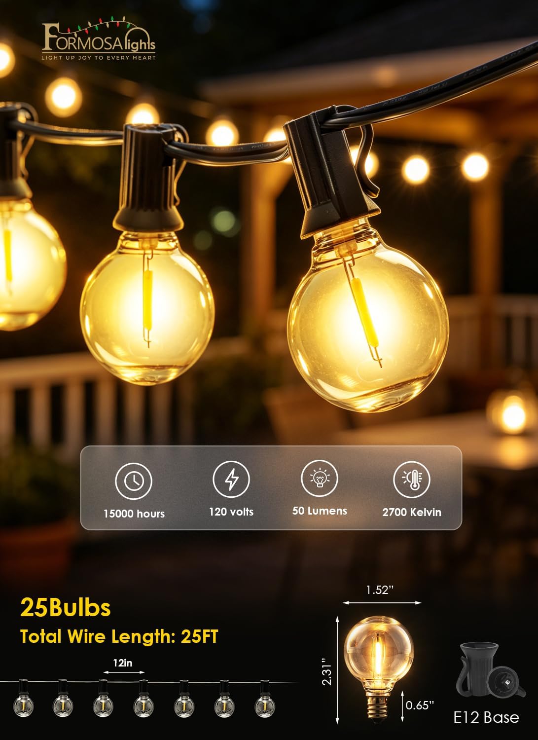 Formosa 26ft Indoor/Outdoor Clear LED Christmas String, Patio Light with 25 Retro Round Waterproof Edison Bulbs,G40 Shatterproof Globe Bulbs, Outside Hanging Lights for Gazebo Garden Backyard Decor