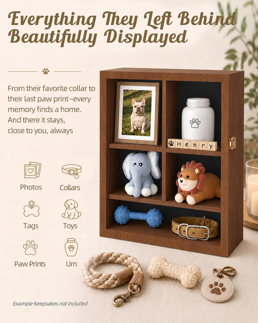 Pet Memorial Shadow Box, Dog Memorial Shadow Box with Adjustable Shelves & Pin-Back Board, Wooden Pet Memorial Box for Ashes, Photos & Keepsakes, Loss of Pet Sympathy Gift, in Memory of Dog Brown