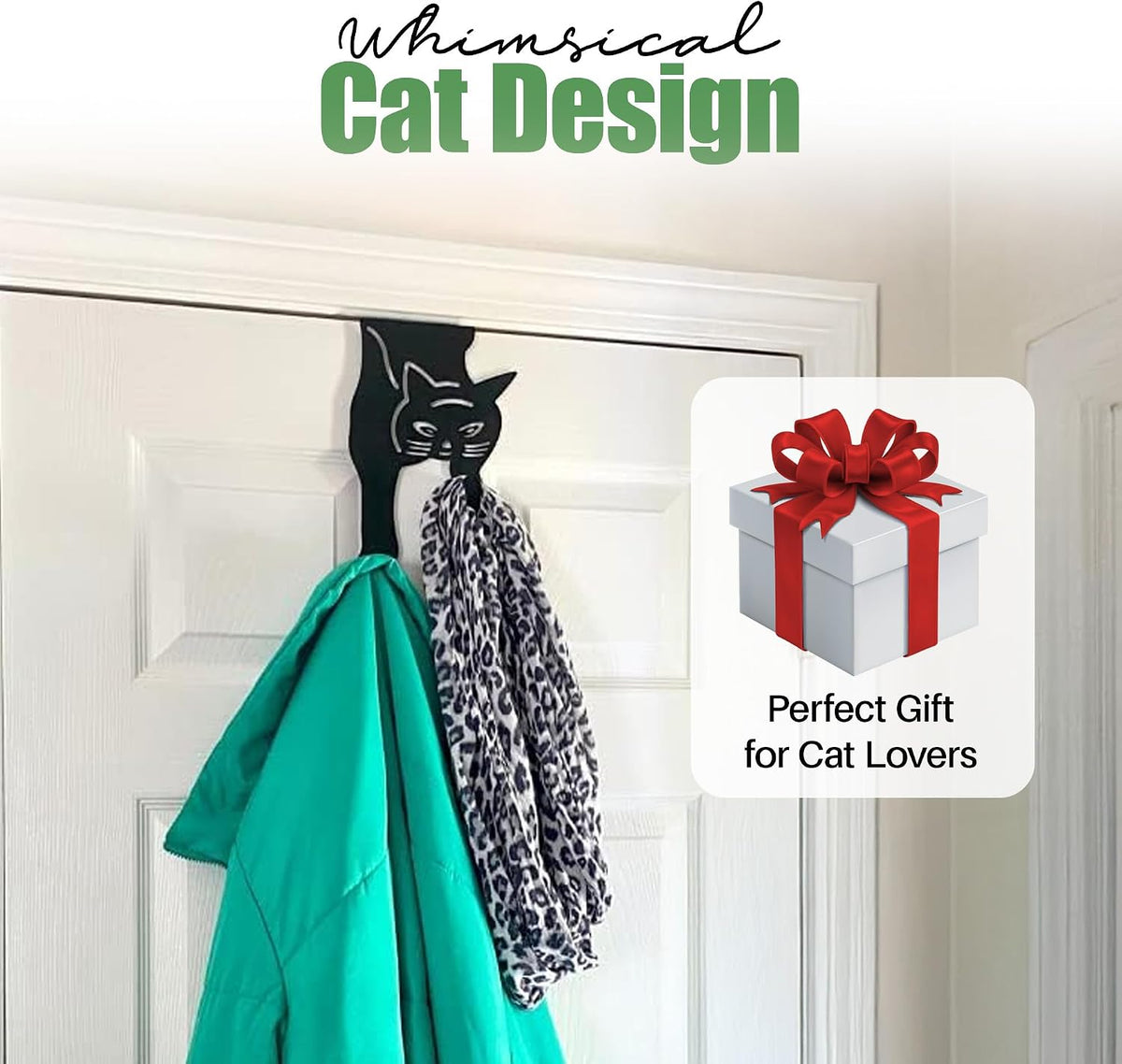 Evelots Cat Over the Door Hooks, Set of 2 Heavy Duty Coat Hangers