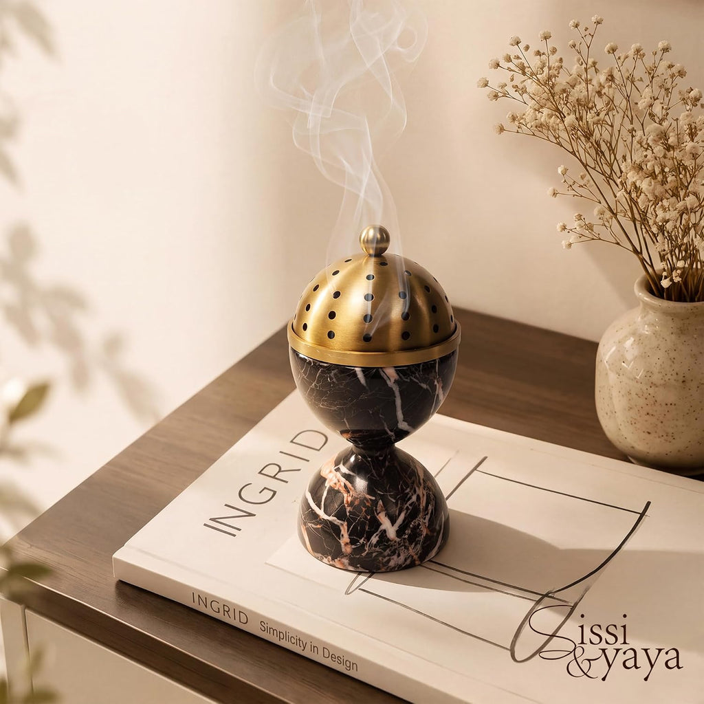 Black Marble Incense Burner with Brass Tray