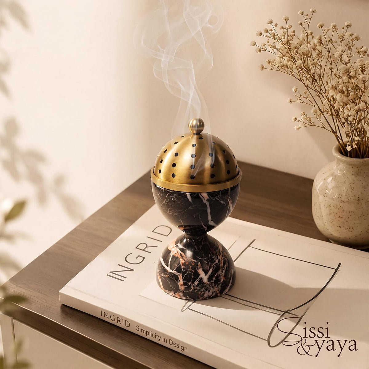 Black Marble Incense Burner with Brass Tray