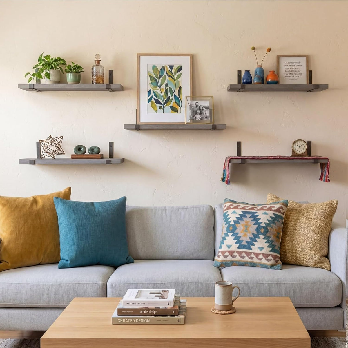 Fixwal Width 4.75 Inches Floating Wall Shelves, Set of 5, Grey