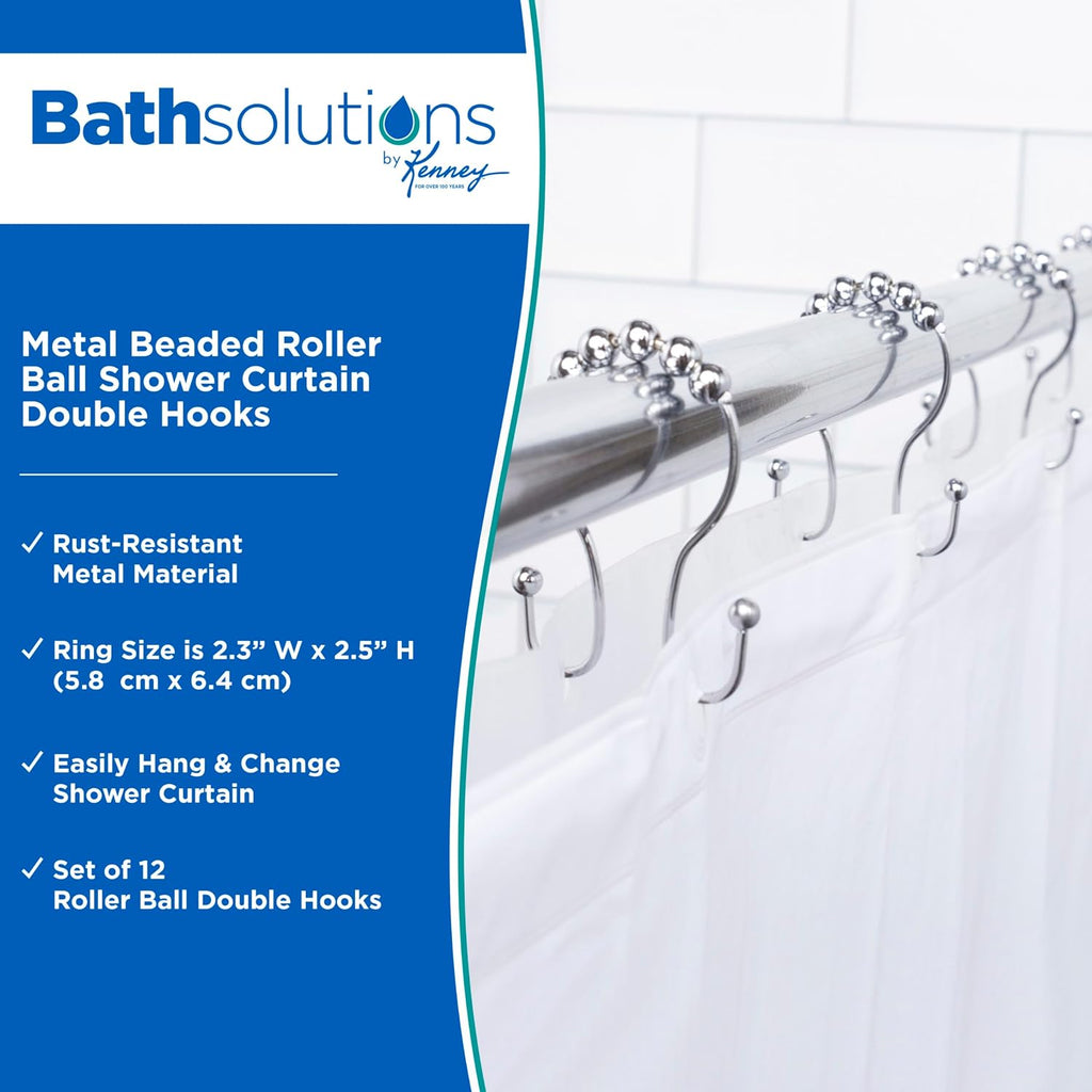 Kenney KN67123 Rust-Resistant Gliding Metal Beaded Shower Curtain Rings with Double Hanging Hooks for Shower Curtain and Standard Shower Curtain Rod, Bathroom Use, Easy to Install, 12-Pack, Chrome